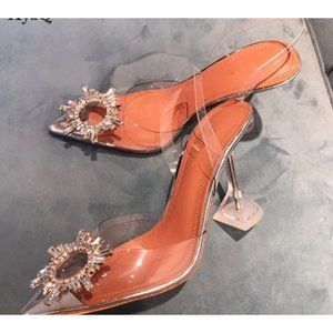 Bling lucite square heel ornament wedding heel party clear sling back 8.5